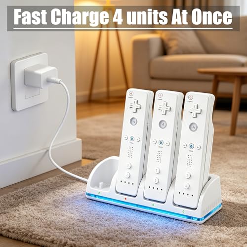 Kits Compatible with Wii Remote Charger with 4Pcs Rechargeable Battery Pack | Charging Station Dock + 4Pcs Batteries + Wall Adapter, Fit for Wii/Wiiu Game Controller, Not Include Controller