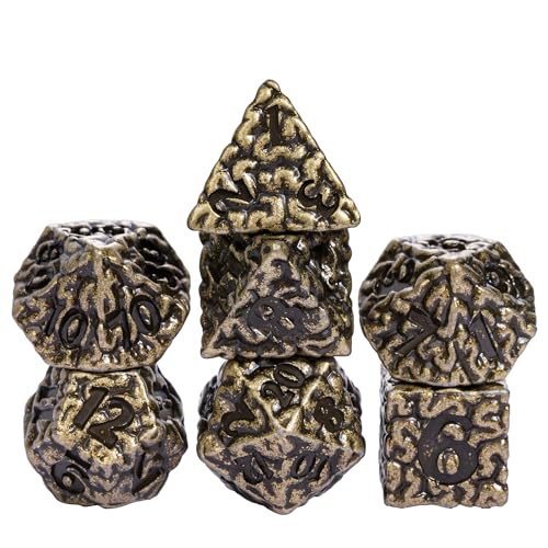 Cusdie 7 PCs Metal DND Dice Set, Brain Design Metal Dice, D&D Polyhedral Dice Set with Skull Dice Bag, for Role Playing Game D&D Dice (Bronze) - color: Brain Bronze