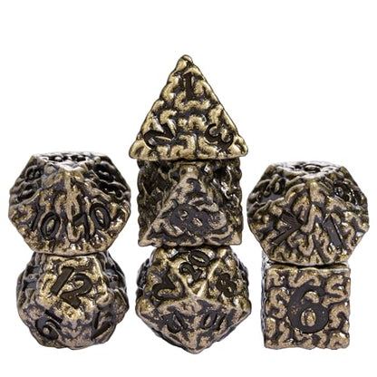 Cusdie 7 PCs Metal DND Dice Set, Brain Design Metal Dice, D&D Polyhedral Dice Set with Skull Dice Bag, for Role Playing Game D&D Dice (Bronze) - color: Brain Bronze