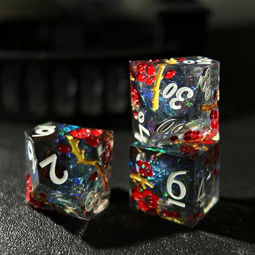 HAOMEJA Resin Flower Dice Set 7pcs/ Sharp Edged Polyhedral Dice/Apply to D&D/DND/RPG-MTG/Role Playing Table Game/Easter/Halloween Party Gift (Transparent Black) - color: 7 Transparent Black