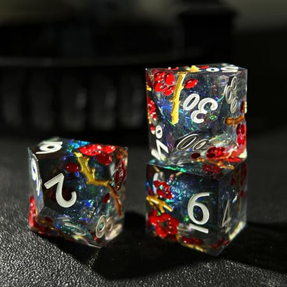 HAOMEJA Resin Flower Dice Set 7pcs/ Sharp Edged Polyhedral Dice/Apply to D&D/DND/RPG-MTG/Role Playing Table Game/Easter/Halloween Party Gift (Transparent Black) - color: 7 Transparent Black
