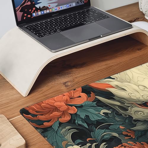 Japanese Mouse Pad, Hannya Mask Desk Mat with Floral Design, XL Gaming Mouse Pad 35.4 x 15.7 Inch, Non-Slip Rubber Base with Stitched Edges for Office and Gaming - color: Green And Gold