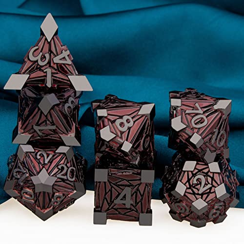 ARUOHHA DND Metal Dice Set Crystal Shards Dice with Gift Box, 7PCS Black Red Polyhedral Dice RPG Role Playing Game Handmade 6 Sided D and D Dice Set D20 D12 D10 D8 D6 D4 ﻿ - color: Black Nickel Red
