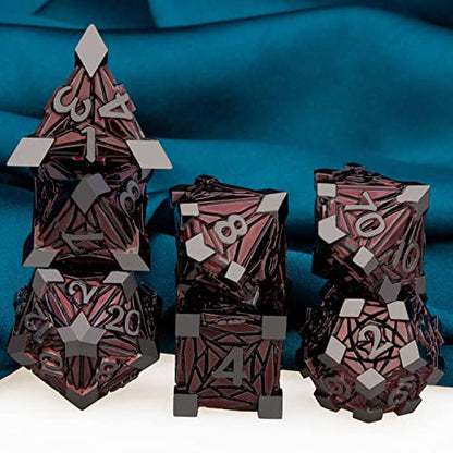 ARUOHHA DND Metal Dice Set Crystal Shards Dice with Gift Box, 7PCS Black Red Polyhedral Dice RPG Role Playing Game Handmade 6 Sided D and D Dice Set D20 D12 D10 D8 D6 D4 ﻿ - color: Black Nickel Red