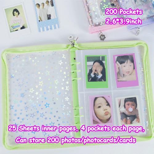 Kpop Photocard Binder with 6 Stickers Sheet & 50 Shinning Protective Sleeves Kpop Photocard Holder Book with Kpop Photocard, A5 Binder Photocard Album 30 Inner Pages with 240 Pockets (Green) - color: Green