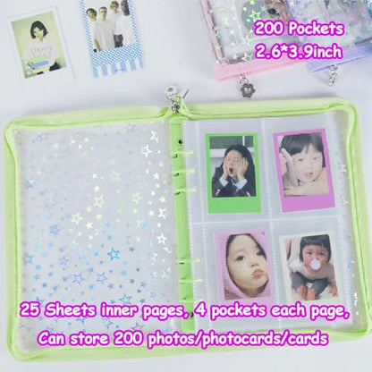Kpop Photocard Binder with 6 Stickers Sheet & 50 Shinning Protective Sleeves Kpop Photocard Holder Book with Kpop Photocard, A5 Binder Photocard Album 30 Inner Pages with 240 Pockets (Green) - color: Green