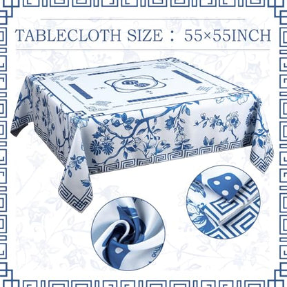 Oudain Chinoiserie Mahjong Tablecloth Florals Card Table Cloth 55x 55 Inch Square Tablecloth Game Table Cover with Game Rules for Mahjong Beginners, Card, Board Tile Games(Blue and White) - color: Blue and White