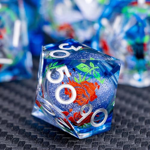 ARUOHHA Liquid Core DND Dice Set, Vampire Sharp Edged Dragons Dice Compatible with D&D RPG Role Playing Games, Resin Blood Red Polyhedral Dungeons D and D Dice with Gift Box D20 D12 D10 D8 D6 D4 - color: Rose - Silver Blue