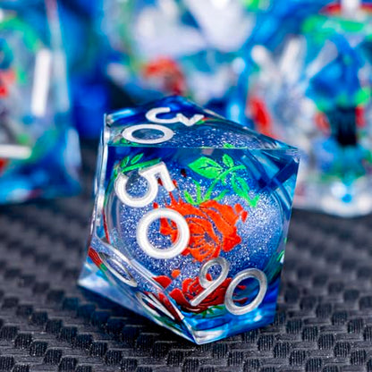 ARUOHHA Liquid Core DND Dice Set, Vampire Sharp Edged Dragons Dice Compatible with D&D RPG Role Playing Games, Resin Blood Red Polyhedral Dungeons D and D Dice with Gift Box D20 D12 D10 D8 D6 D4 - color: Rose - Silver Blue