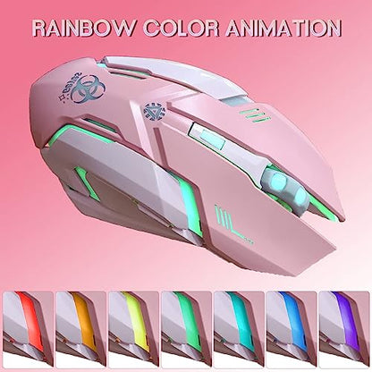 VEGCOO Pink Wireless Gaming Mouse, Silent Click Wireless Mouse with Colorful RGB LED Lights, Rechargeable Computer Mice with Side Buttons and 3 Level DPI, for Laptop and Desktop - color: Pink
