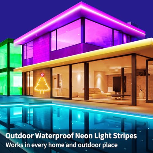 32.8ft LED Neon Lights with Remote and APP Control, IP65 Waterproof Flexible Neon Strip Lights 24V RGB LED Rope Lights for Bedroom,Living Room,DIY Decoration（with Snap &Screws） | Flexible Neon Strip Lights 24V RGB LED Rope Lights for Bedroom,Living Room,D
