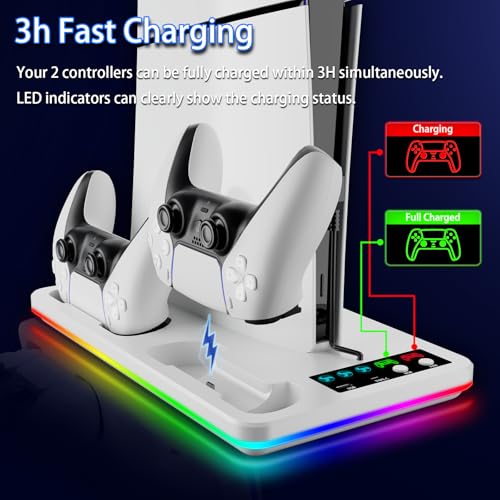 PS5/Slim/Pro Stand and Cooling Station with RGB Controller Charging Station for PlayStation 5 Console, PS5 Controller Charger, PS5 Cooling Stand, PS5/Slim/Pro Accessories Kit with 3 Level Cooler Fan - color: Line RGB-White1