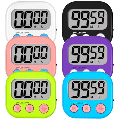 Lasubst Digital Kitchen Timers, Classroom Timers for Kids Teachers, 6 Color | Back to School Supplies Bulk, Classroom Must Haves, Min/Sec Count Up/Down, Magnetic Back, Loud Alarm, Lanyards Included - color: Black White Pink Purple Blue Green