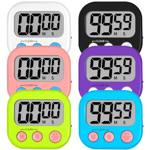 Lasubst Digital Kitchen Timers, Classroom Timers for Kids Teachers, 6 Color | Back to School Supplies Bulk, Classroom Must Haves, Min/Sec Count Up/Down, Magnetic Back, Loud Alarm, Lanyards Included - color: Black White Pink Purple Blue Green