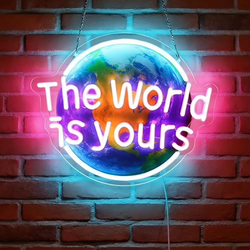 The World Is Yours LED Neon Sign Light Up Planet Lights Lighted Earth Neon Signs for Bedroom Dorm Hallway Garage Man Cave Bar Kids Gaming Room Wall Decor Art Gifts - color: The world is yours