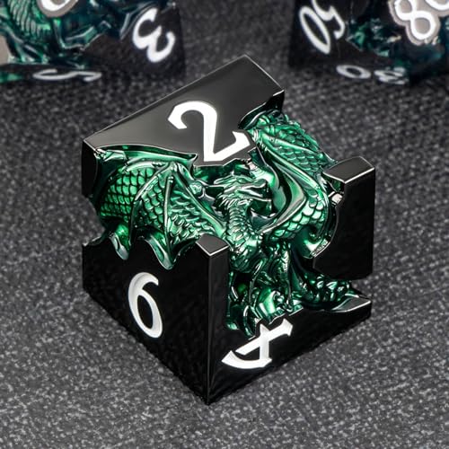 Roycevon Relief Dragon DND Dice Set for Role Playing Game, 7Pcs Metal D&D Dice Set Dungeons Dragons with Gift Box, Polyhedral D and D Dice D20 D12 D10 D8 D6 D4, Green and White - color: Green and White
