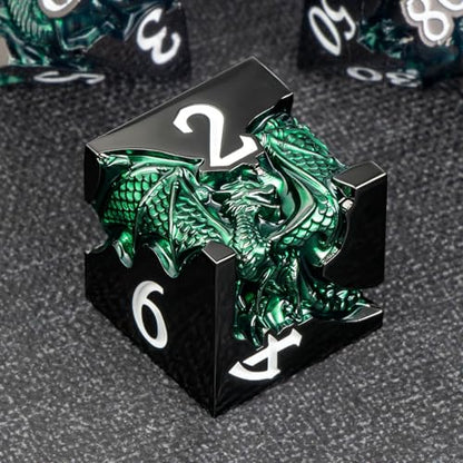 Roycevon Relief Dragon DND Dice Set for Role Playing Game, 7Pcs Metal D&D Dice Set Dungeons Dragons with Gift Box, Polyhedral D and D Dice D20 D12 D10 D8 D6 D4, Green and White - color: Green and White