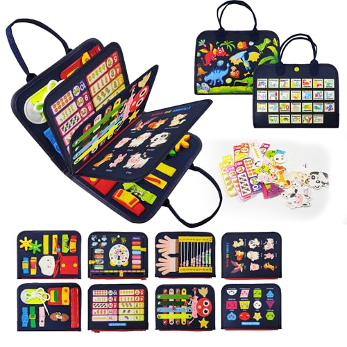 LearnToy Montessori Busy Board for Boys 3 4 5 Year | Sensory Toys for Toddlers 3-6, Ideal for Travel and Preschool - ABCs, 123s, Shapes, Colors, Animals, Weather, Birthday Gifts - color: 8 Pages Navy Blue