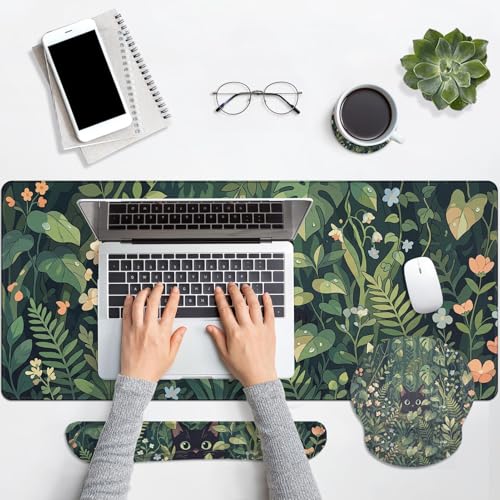 Britimes Green Plants Keyboard Mouse Pad Set Cute Black Cat 4in1 Large Mousepad+Keyboard Wrist Rest+Mouse Wrist Rest+Coaster Ergonomic Design for Home Office Computer 35.4x15.7 inches - color: Cat in the Grass