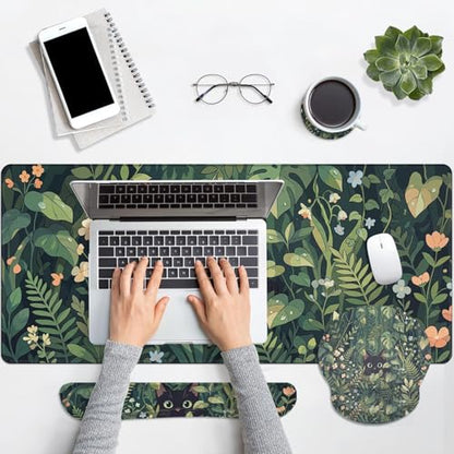 Britimes Green Plants Keyboard Mouse Pad Set Cute Black Cat 4in1 Large Mousepad+Keyboard Wrist Rest+Mouse Wrist Rest+Coaster Ergonomic Design for Home Office Computer 35.4x15.7 inches - color: Cat in the Grass