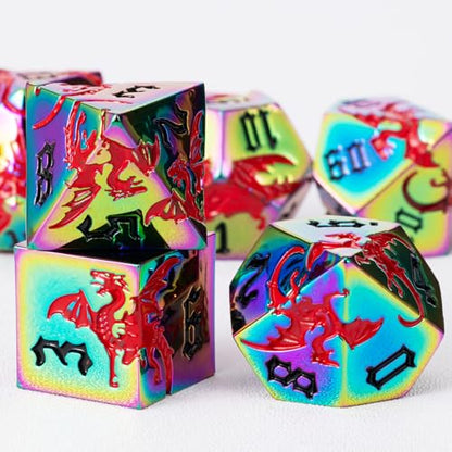DND Metal Dragon Dice Set with Dragon, Metallic Polyhedral Dice Set for Dungeons and Dragons RPG TTRPG D&D Die with Gift Case (Dragon-Rainbow Red Dragon) - color: Rainbow Red Dragon