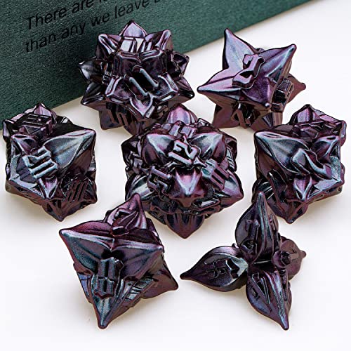 ARUOHHA DND Metal Dice Set Purple Leaf Design Polyhedral Dice with Box, 7PCS D and D Dice RPG Role Playing Games D20 D12 D10 D8 D6 - color: Blue Purple