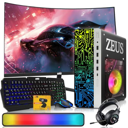 TechMagnet Zeus Pro 8 Gaming Desktop PC, Intel i5, GT 1030, 8GB ARGB RAM, 1TB SSD+4TB HDD, 24 Inch Curved Monitor, RGB Keyboard Mouse, Soundbar, Headphone, USB WiFi BT, Webcam, Win 11 (Renewed) - color: 24 Inch, size: 1TB SSD / 4TB HDD