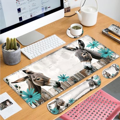Large Gaming Mouse Pad+ Keyboard Wrist Rest Set, Ergonomics Memory Foam Mouse Mat Wrist Rest Support for Home Office, Waterproof Extended Mousepad 31.5x11.8in, Cute Donkey Desk Pad - color: Yvb-mousepad-9-f-160