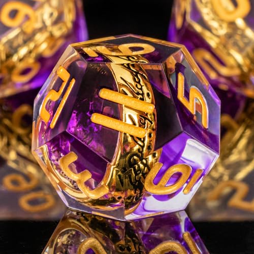 OUKELANWO Magic Lord Rings DND Dice Set with Box, 7Pcs Resin LOTR D&D Dice Set for Role Playing Game, Purple Gold Dungeons Dragons D and D Sharp Edge Dice D20 D12 D10 D8 D6 D4 - color: Purple
