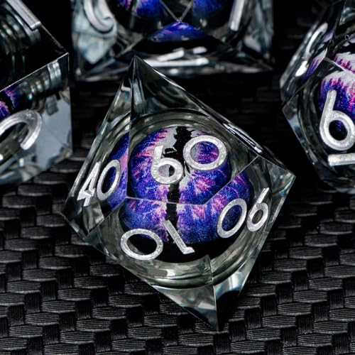 ARUOHHA DND Resin Dice Dragon Eye Dice Liquid Core Purple Sharp Edged Dice Set with Gift Box, Dungeons Polyhedral D and D Dice Set Compatible with D&D Role Playing Game D20 D12 D10 D8 D6 - color: Ly02-purple Black