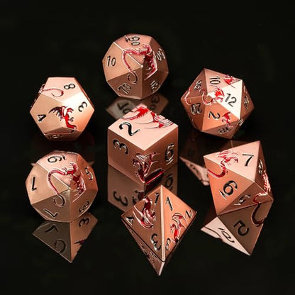 Metal Dragon Dice Set,7-Piece Zinc Alloy DND Dice,Ancient Red | Complete polyhedral dragon dice set with easy-to-read numbers and a magnetic gift box for DND players and collectors. - color: Ancient Gold Red