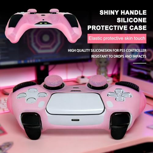 Pink Glitter Anti Slip Soft Thicked Studded Silicone Cover Skins Compatible with PS5 Controller,Include 8 PCS Pink Thumb Grips Glow and 2 Cat Paw Grips Accessories. - color: Pink Black