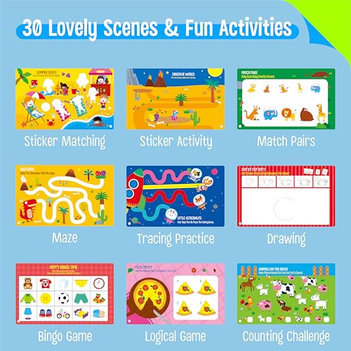 SpriteGru Sticker Activity Pad, 30 Different Scenes & 100+ Reusable Stickers, Dry Erase Brain-Boosting Puzzle Activities Book for Kids, Educational Toy for Road Trip, Airplane & Car Travel - style: Sticker Activity Pad