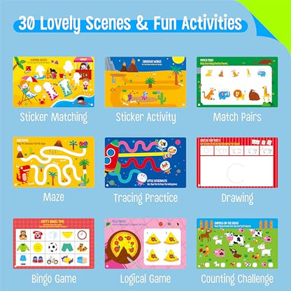 SpriteGru Sticker Activity Pad, 30 Different Scenes & 100+ Reusable Stickers, Dry Erase Brain-Boosting Puzzle Activities Book for Kids, Educational Toy for Road Trip, Airplane & Car Travel - style: Sticker Activity Pad