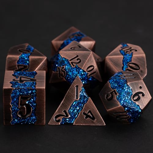 Metal DND Polyhedral Dice,Large Stripe Glitter Metallic Dice Set,Antique Silver Dice 7pcs Set for Role Playing Games(Antique Copper Blue) - color: Antique Copper Blue