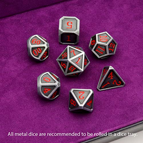 Haxtec Ancient Silver Metal DND Dice Set D&D 7PCS Large Rounded Antiue Iron RPG Dice Red Numbers for Dungeons and Dragons TTRPG Game Gifts',Standard size | Red Numbers D&D with Leather Bag, Compatible with Dungeons and Dragons, Antique Iron Heavy Metallic