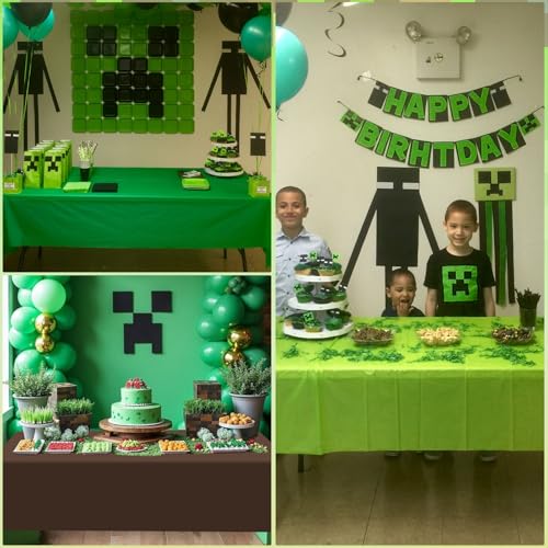 6 Pcs Dark Green & Brown Party Tablecloth Bulks, Disposable Plastic Pixel Gaming Tablecloth Dark Green Brown Table Cover for Picnic Video Game Birthday Party Supplies, 54x108 Inch - color: Green Brown