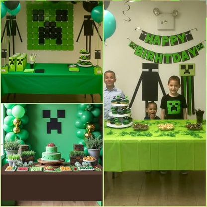6 Pcs Dark Green & Brown Party Tablecloth Bulks, Disposable Plastic Pixel Gaming Tablecloth Dark Green Brown Table Cover for Picnic Video Game Birthday Party Supplies, 54x108 Inch - color: Green Brown
