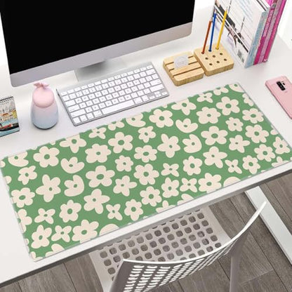 Large Gaming Mouse Pad with Stitched Edges, Green Background Groovy Flowers Desk Mat, Extended XL Keyboard Pad, Non-Slip Rubber Base Desk Pad for Keyboard and Mouse, 31.5X11.8 inch - color: Green Background Groovy Flowers