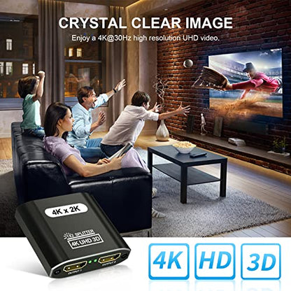 HDMI Splitter 1 in 2 Out, 4K@30Hz HDMI Splitter for Dual Monitors, Aluminum Powered HDM I Spliter for Mirror Screen,1x2 Duplicator Support 3D HD 1080P for Fire Stick Xbox PS Roku Blu-ray Cable Box