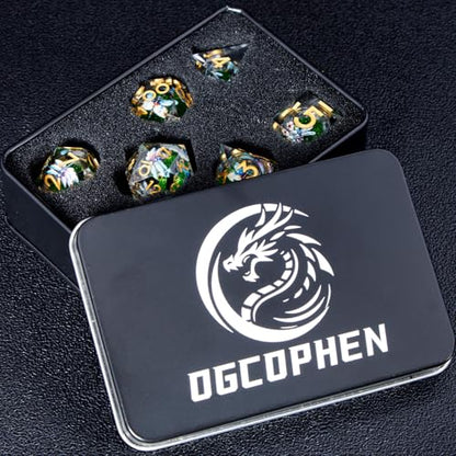 DND Dragonfly Dice 7PCS Polyhedral Sharp Edge Dice Set with Gift Case for Dungeons Dragons Role Playing Game, RPG Resin D and D Dice D6 D8 D10 D12 D20 D% (Gold Green) - color: Qt-gold Green
