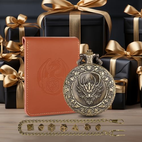 Mini DND Dice Set, Steampunk Dragon Head Pocket Watch Shell Case, 7 Piece Polyhedral D&D Dice, DND Leather Gift Bag with Dragon Logo, MTG, Role Play Board Game Accessories, Bronze Dragon Gifts - color: Dragon Head
