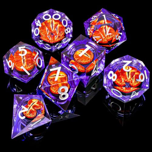 ARUOHHA DND Resin Dice Gazes Eye Dice Silver Purple Liquid Core Flaming RPG Sharp Edged Dice Set with Gift Box, Polyhedral D and D Dice Set Compatible with Dungeons Dragons Role Playing Game D20 D6 - color: Sl01-purple Silver