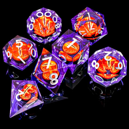 ARUOHHA DND Resin Dice Gazes Eye Dice Silver Purple Liquid Core Flaming RPG Sharp Edged Dice Set with Gift Box, Polyhedral D and D Dice Set Compatible with Dungeons Dragons Role Playing Game D20 D6 - color: Sl01-purple Silver