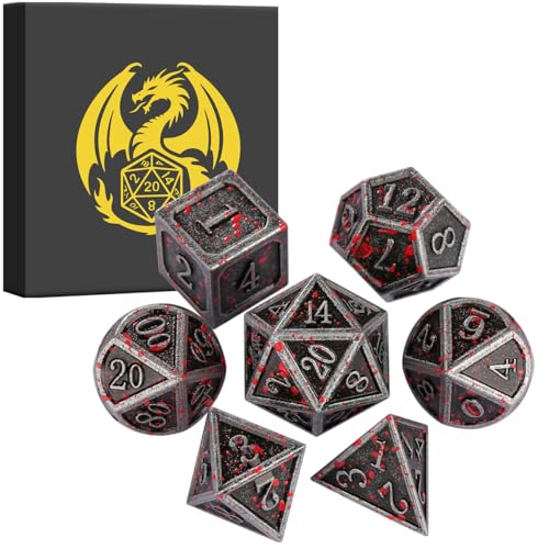 Metal Dice Set, 7pcs Polyhedral Metal DND Dice Set, DND Starter Set, D&D Gifts with Gift Box, Role Playing Board Games Accessories, Bloodstained Silver - color: Bloodstained Silver + Gift Box
