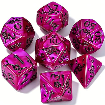 CiaraQ 7pcs Polyhedral Dice Set for Dungeon and Dragons MTG Table Games | Acrylic Role Playing Dice for D&D with Black Velvet Bag – Rose Red Pearl with Black Numbers & Plum Blossom Patterns - color: Rose Red and Black Floral Dice