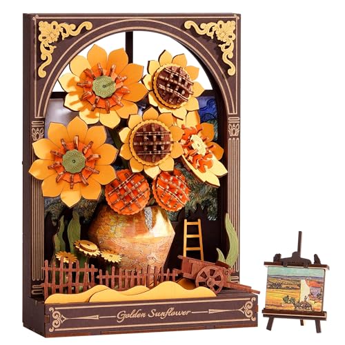 3D Wooden Puzzles for Adults - Van Gogh Golden Sunflower DIY Model Building Kits with LED Light - Gifts for Mothers Day - Home Decor, Wall Art & Unique Creative Gifts for Art Lovers/Men/Women - style: Golden Sunflower
