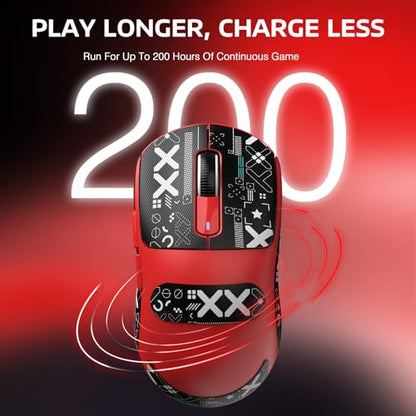 ATTACK SHARK X3 Wireless Gaming Mouse, 49g Bluetooth/2.4G/USB-C Ergonomic Computer Mouse, PAW3395 26K DPI Sensor, 200h Battery Life, Programmable Buttons Griptape, Gaming Accessories for PC/Laptop/Mac - color: Red & Griptape