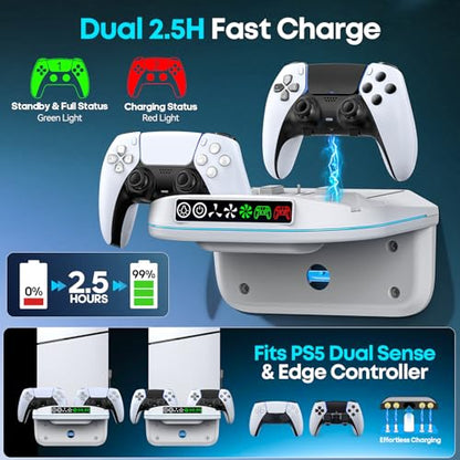 P S5 Wall Mount Kit with Cooling Fan and Charging Station Compatible with PS5/ Slim/ Pro Disc and Digital, PS Five Floating Shelf with 9 RGB Lights, PS 5 Mount Behind TV, P5 Accessories for Gaming, White - color: White