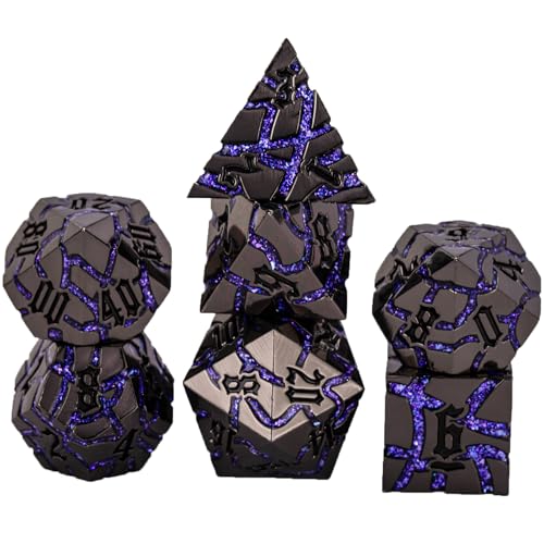 Cracked Rune Metal Dice Set for DND & RPG – Dark Fantasy Fractured Design, Premium Heavy Metal Polyhedral Dice with Deep Engraved Numbers, 7-Piece Set – Purple Arcane Vein - color: Black Nickel Purple
